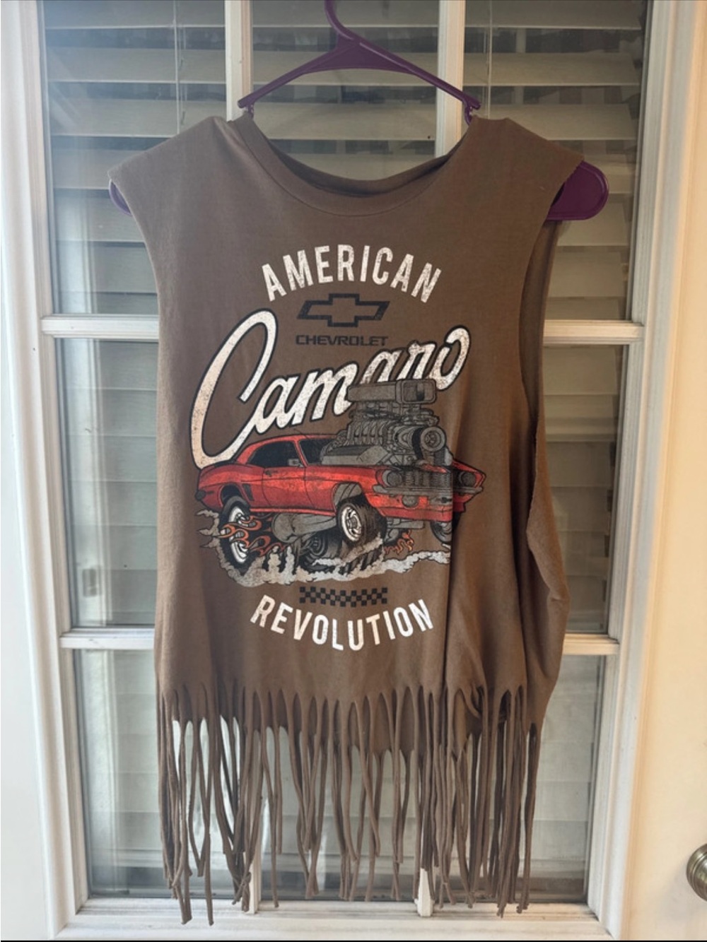 Camaro American Revolution Fringe Tank Top - Brown with Red Graphic